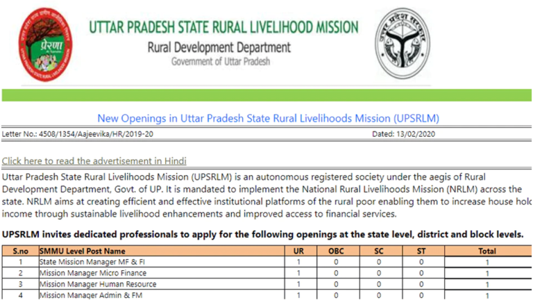 UPSRLM Vacancy 2020 – यूपी ग्रामीण आजीविका मिशन