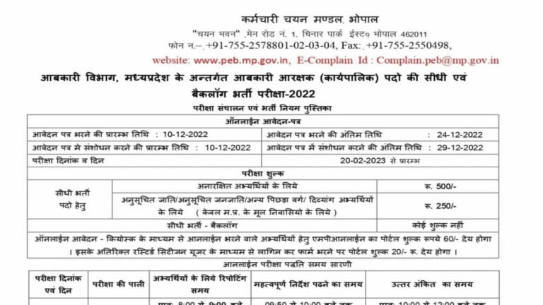 MP Abkari Constable Bharti 2022 : एमपी आबकारी आरक्षक के पदों पर सीधी एवं बैकलॉग भर्ती -@mppeb