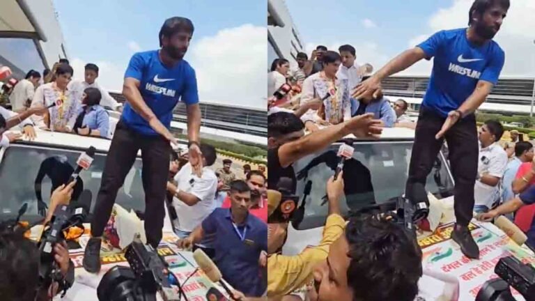 दिल्ली में विनेश फोगट के स्वागत के समय ‘तिरंगा’ पोस्टर पर खड़े दिखे बजरंग पुनिया; हो रही कड़ी आलोचना