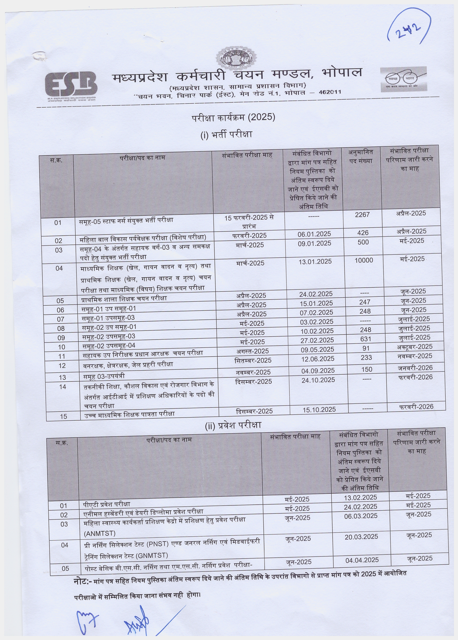 Madhya Pradesh Staff Selection Board (MPESB) Exam Calendar 2025