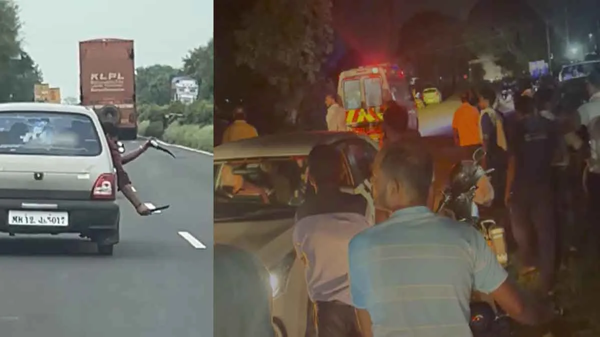 Seoni Car Highway News सिवनी में चलती कार से हथियार लहराने और बाद में हुए सड़क हादसे का दृश्य।